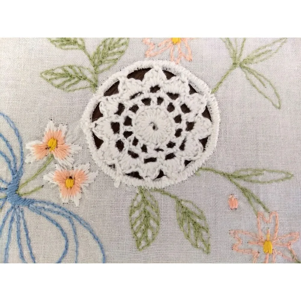 VTG Embroidered White Linen Floral Teacloth TABLECLOTH & 8‎ NAPKINS Scallop Edge